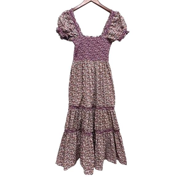 O.P.T Sz S Daphne Tiered Smocked Bodice Pocket Midi Dress Purple Cottagecore - Picture 3 of 12